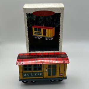 Hallmark Keepsake Yuletide Central pressed tin 1996 mail car in box Ornament
